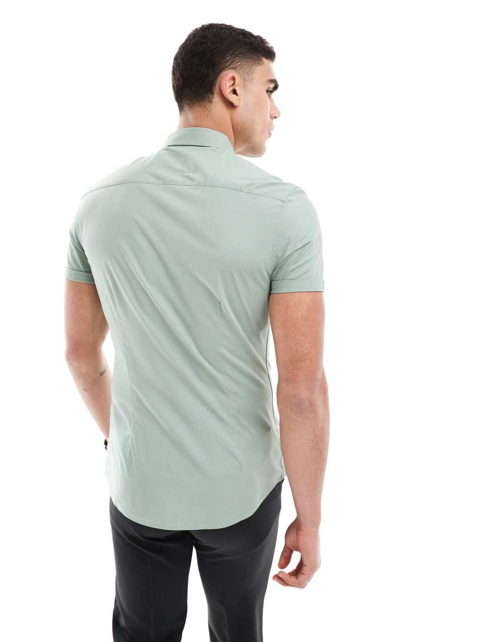 ASOS DESIGN skinny fit shirt with roll sleeves in sage green Product Image