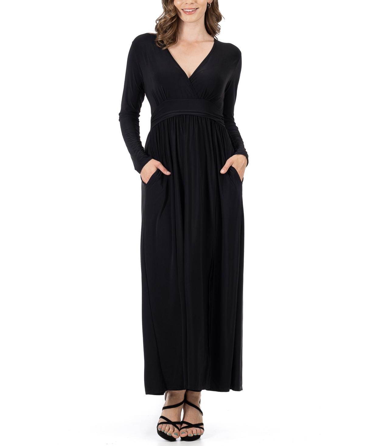 24seven Comfort Apparel Womens Long Sleeve V-neck Side Slit Maxi Dress Product Image