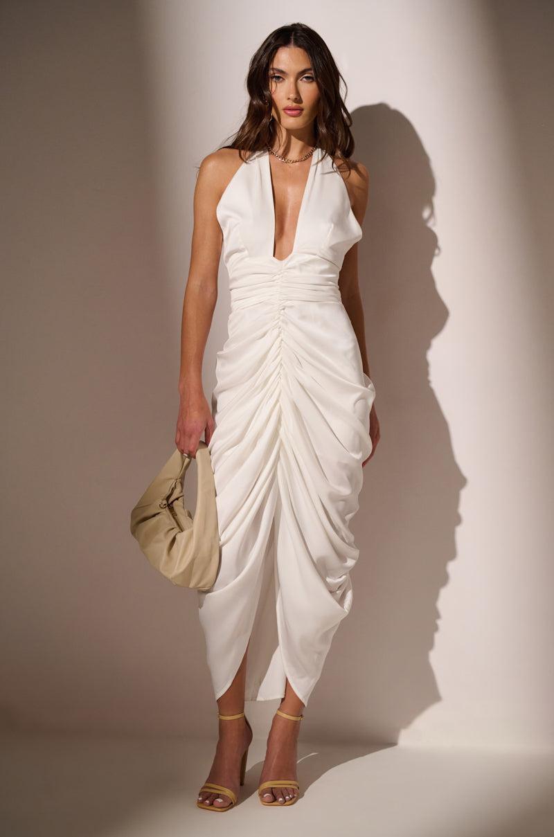 LOOK TWICE RUCHED MIDI DRESS IN WHITE Product Image