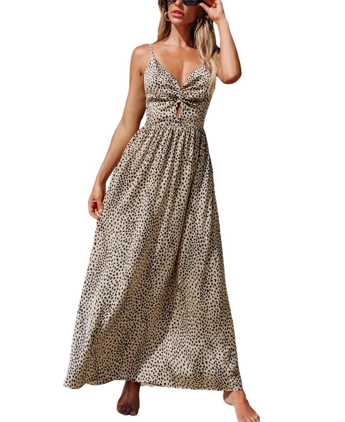 Cupshe Womens Leopard Print Knotted V-Neck Maxi Beach Dress - Beige Product Image