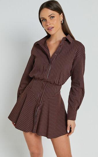 Whitney Mini Dress - Linen Look Long Sleeve Shirt Dress in Chocolate Pinstripe Product Image