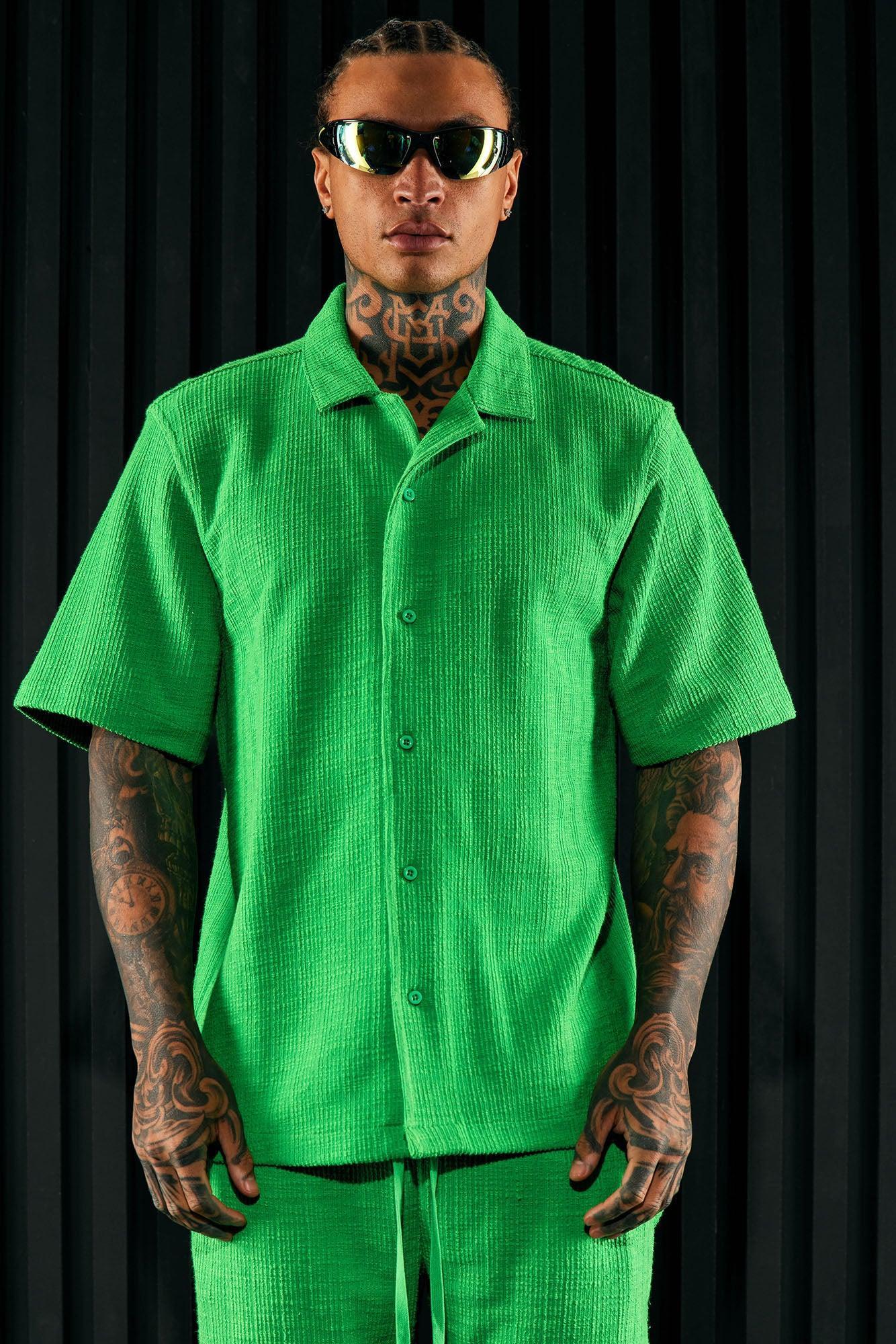 Dean Textured Short Sleeve Button Up Shirt - Green Product Image