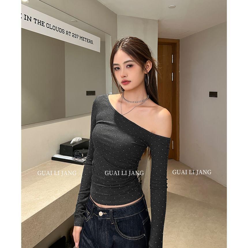 Long Sleeve One Shoulder Plain Top Product Image