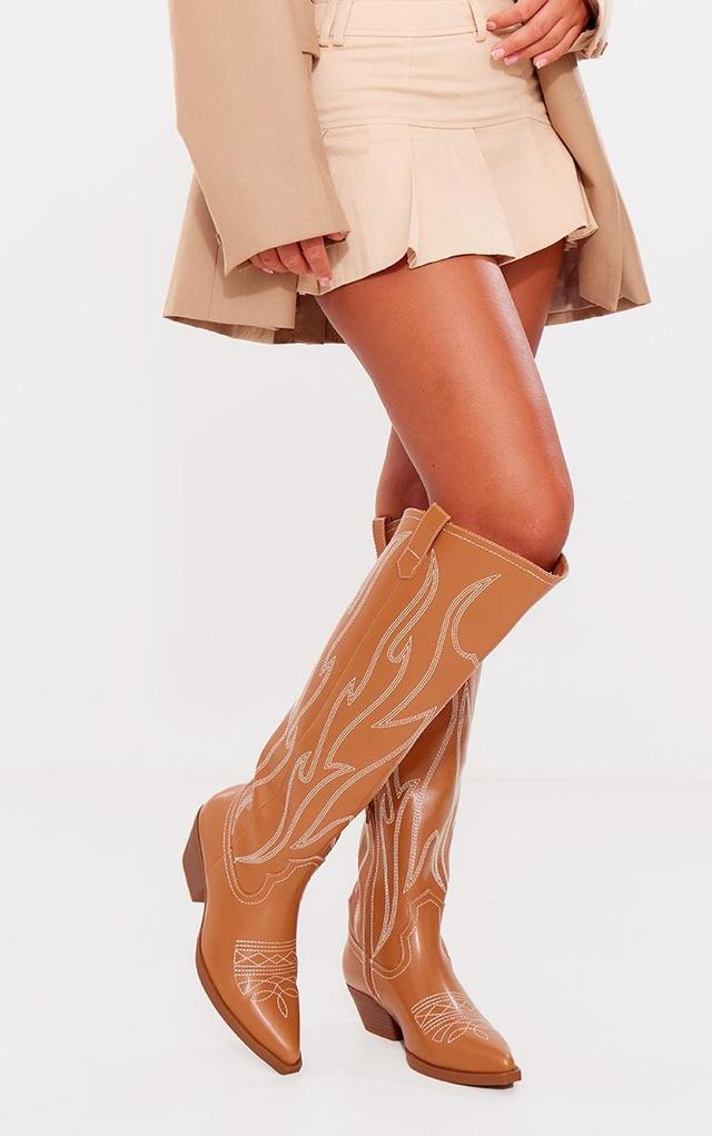 Tan PU Point Toe Western Knee High Boots Product Image