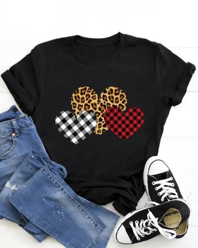 Olivia Mark – T-shirt Saint Valentin O-Neck Cheetah Heart Letter Print Product Image