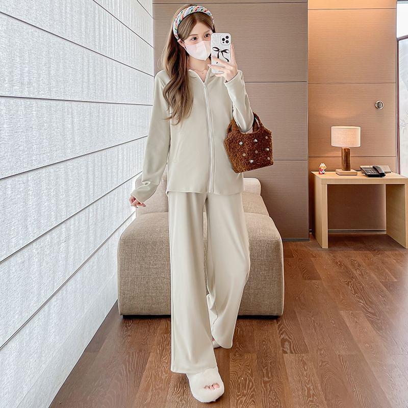 Maternity Set: Plain Zip Hoodie + Mid Rise Wide Leg Pants Product Image