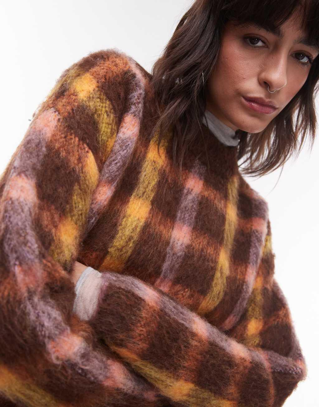 Topshop knitted blurred check relaxed longline sweater in brown Product Image