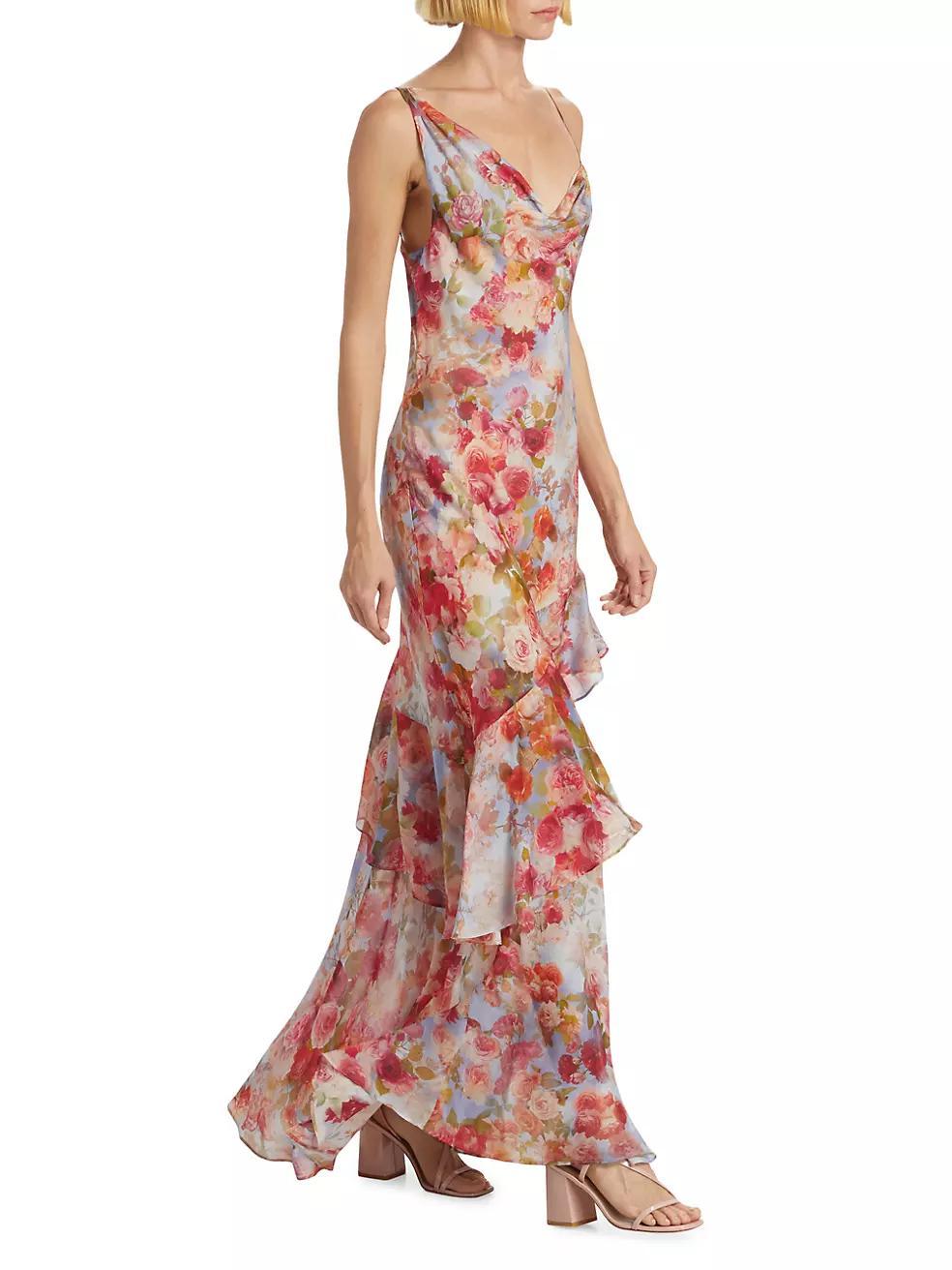 Viola Asymmetric Cowlneck Floral Silk Gown Product Image