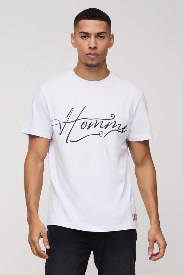 Regular Fit Rubber Homme Print T-Shirt With Woven Label | boohooMAN USA Product Image