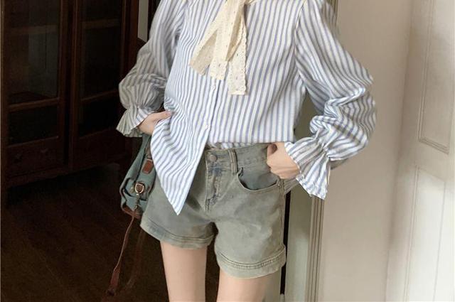 Long Sleeve Tie Neck Striped Panel Blouse Product Image