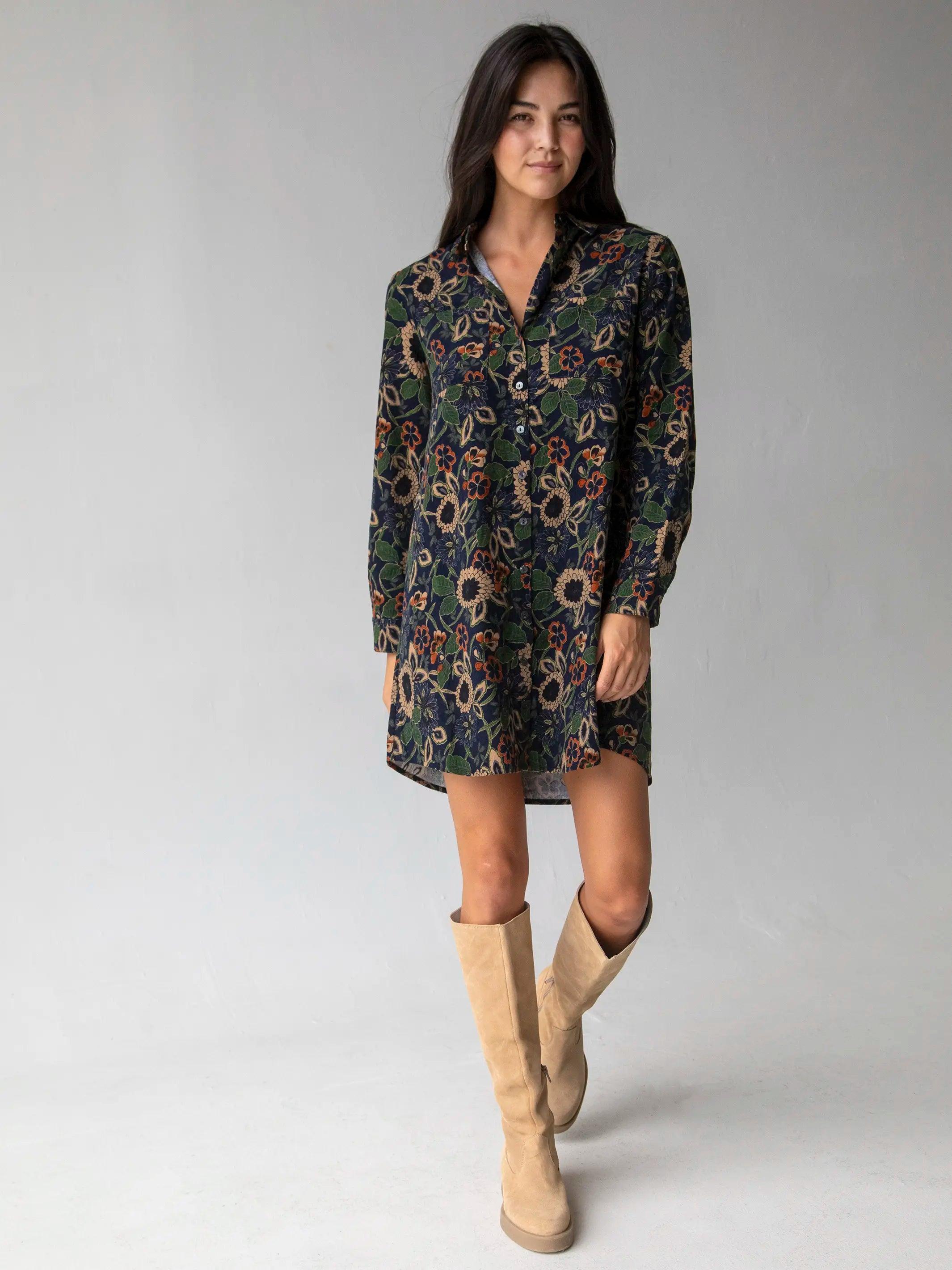 Rocky Corduroy Dress - Navy Tan Dahlias Product Image