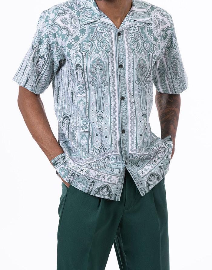 Emerald Floral Pattern Walking Suit 2 Piece Short Sleeve Set Product Image