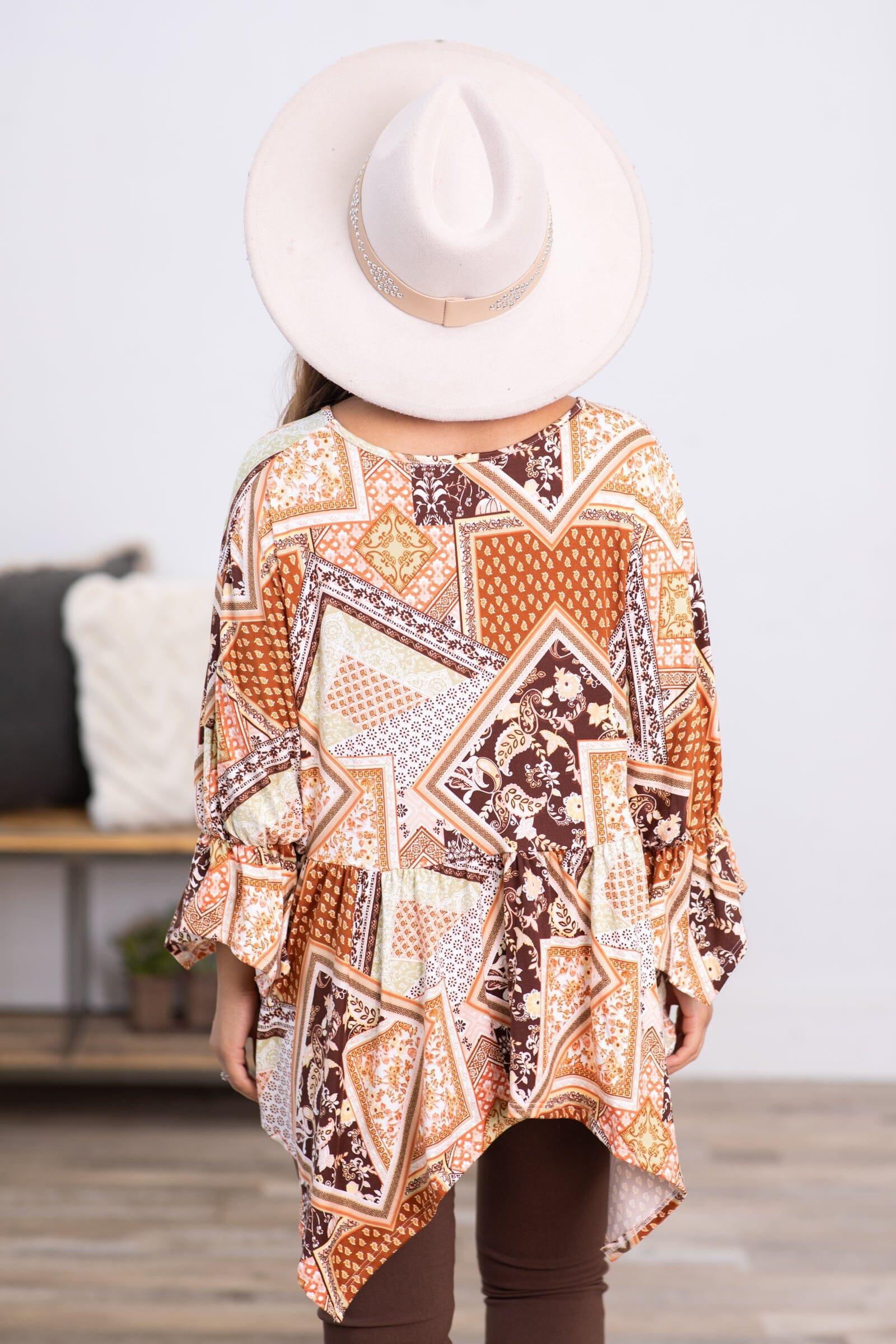 Burnt Orange Patchwork Print Hanky Hem Top Product Image