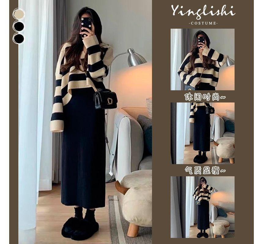 Maternity Collar Striped Oversized Sweater / Sleeveless Scoop Neck Plain Knit Midi A-Line Dress Product Image