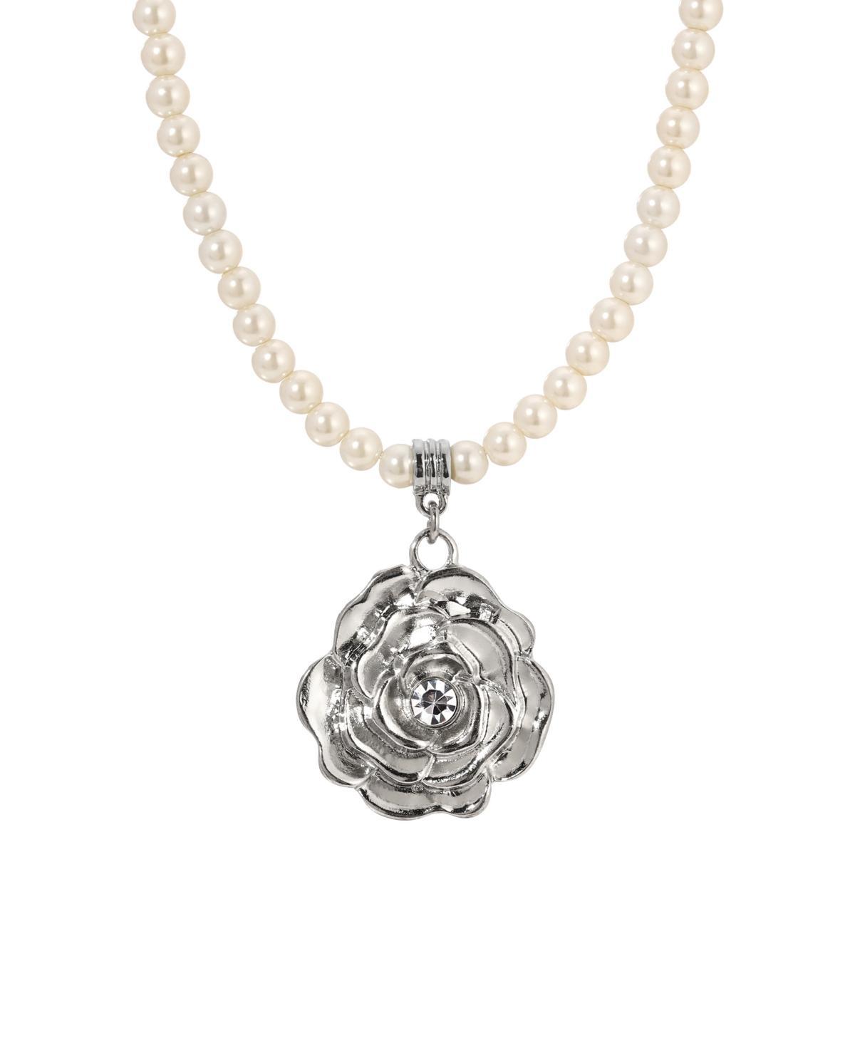 1928 Silver Tone Simulated Pearl Flower Necklace, Womens, White Product Image