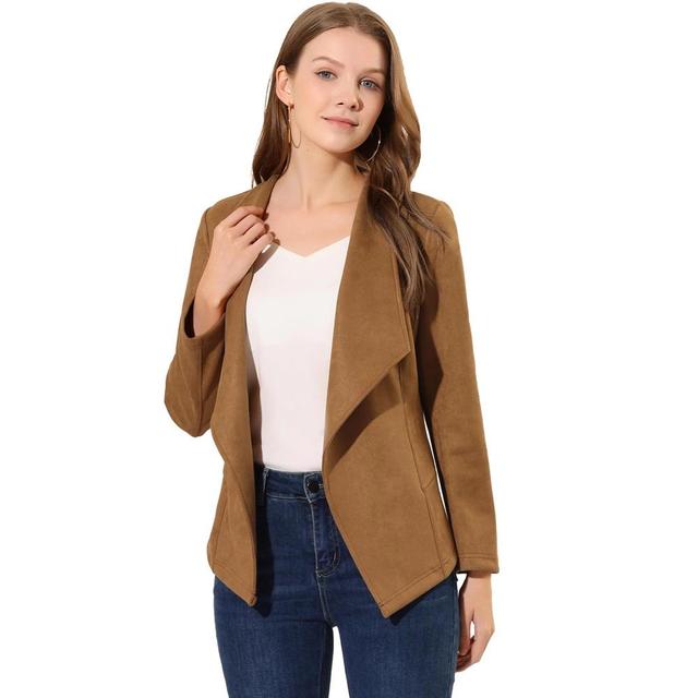 Allegra K Women's Faux Suede Lapel Draped Outwear Open Front Jacket Brown Large Product Image