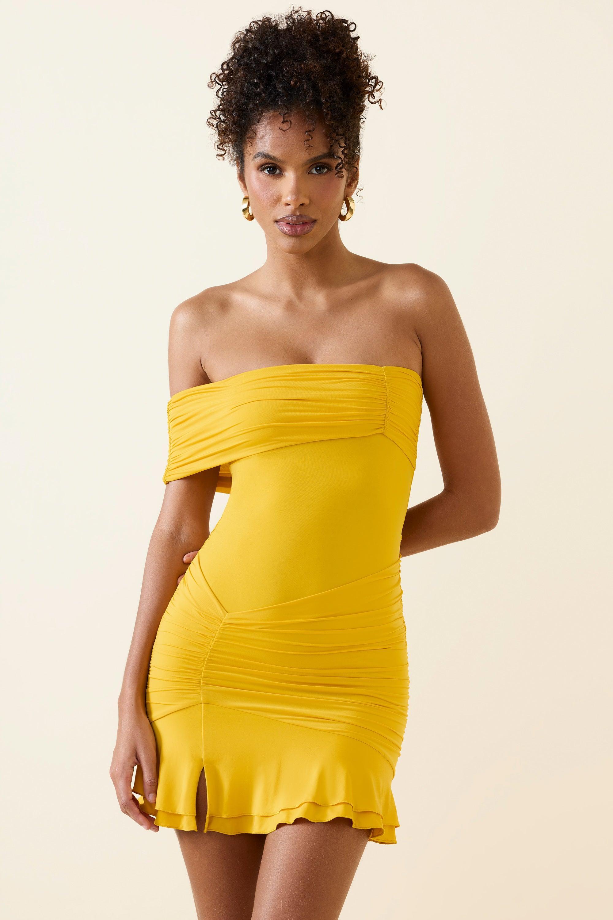 Asymmetric Ruched One-Shoulder Mini Dress in Golden Yellow Product Image