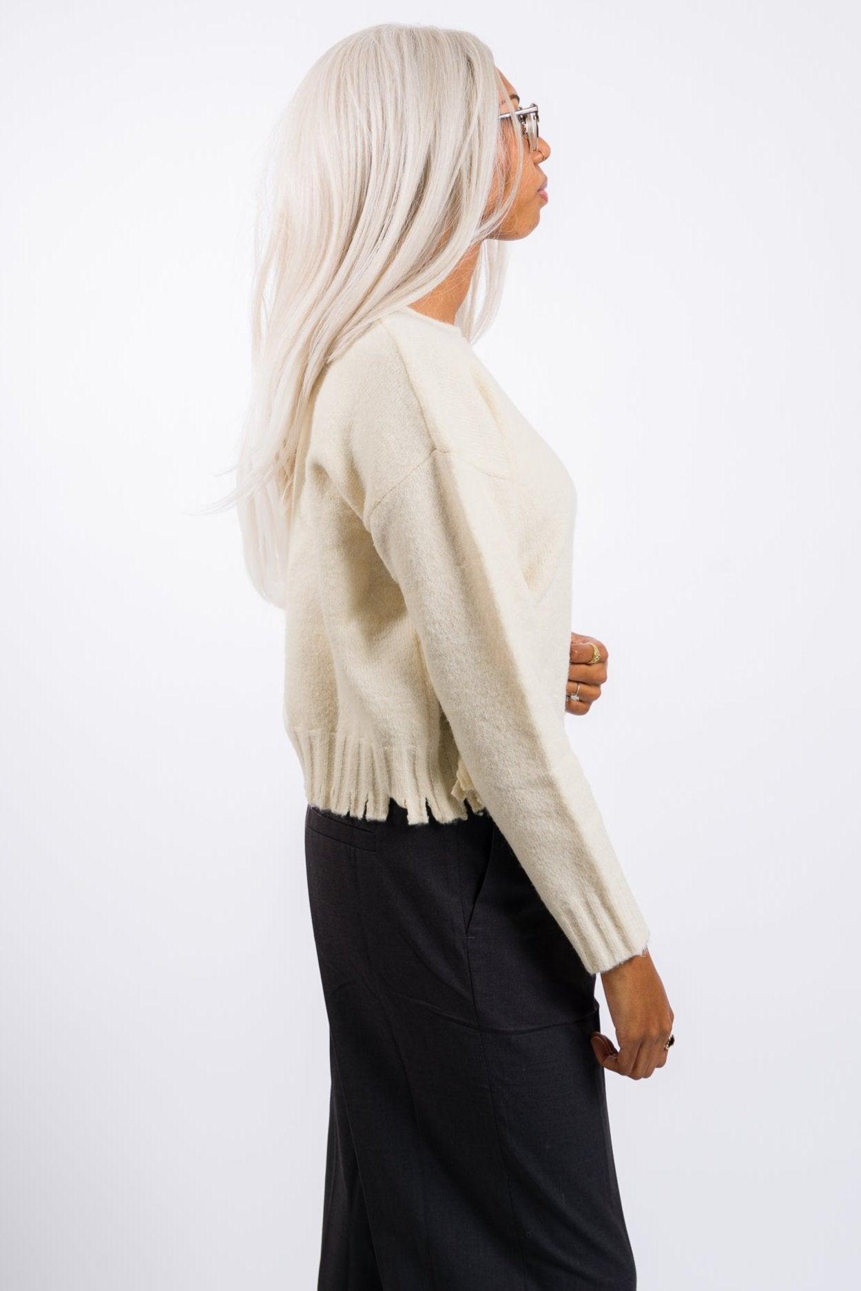 Grade & Gather Distressed Hem Sweater Top - Ivory Female Product Image