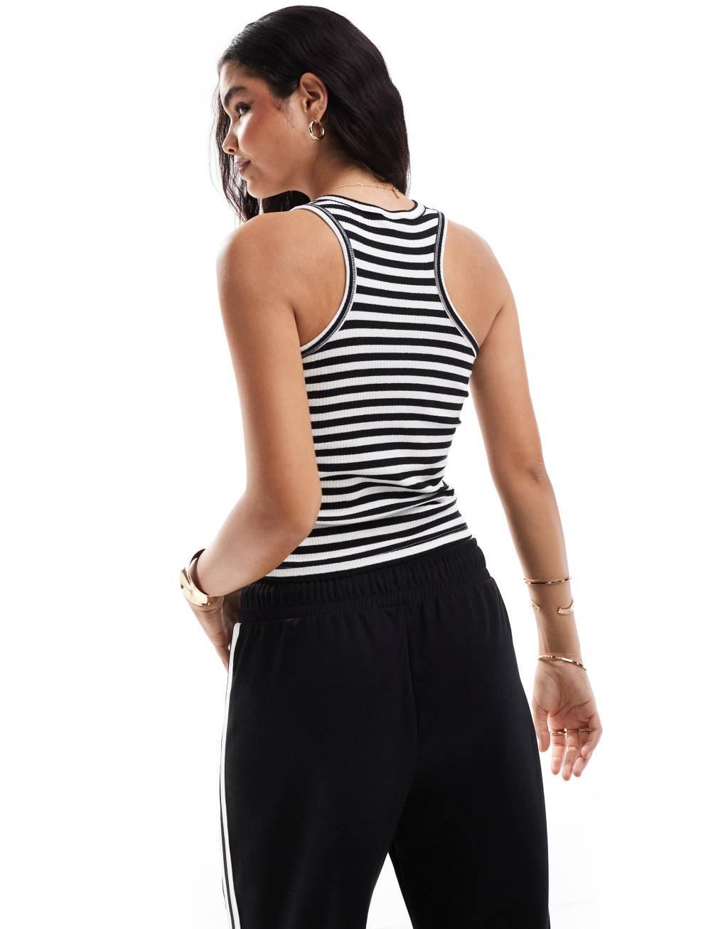 Pieces ribbed racer neck top in black and white stripe Product Image