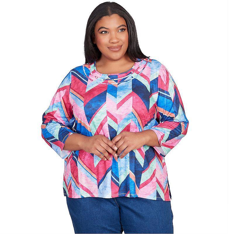 Plus Size Alfred Dunner Geometric Print 3/4-Sleeve Crewneck Top, Womens Product Image