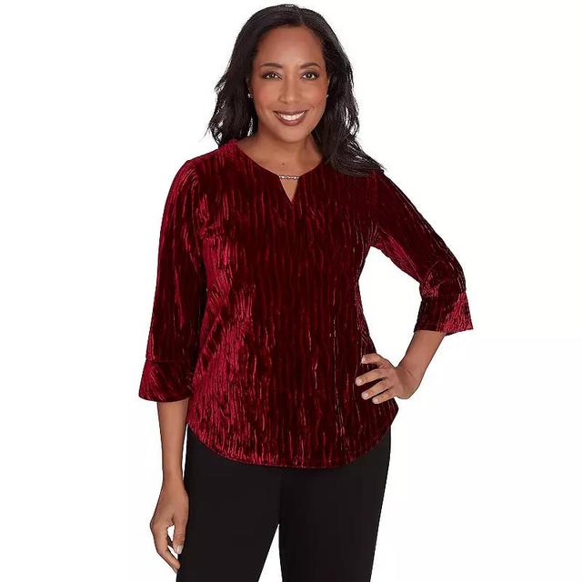 Petite Alfred Dunner Crushed Velvet Beaded Split Neck Top, Womens Product Image