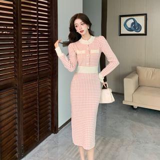 Long Sleeve Crew Neck Plaid Button Knit Midi Sheath Dress Product Image