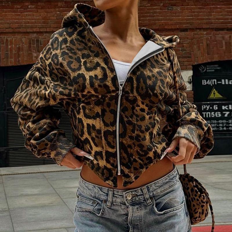 Long Sleeve Leopard Print Slim-Fit Zip-Up Hooded Jacket Product Image