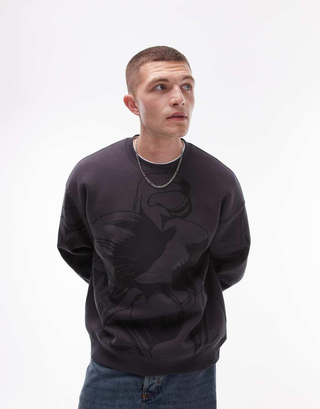 Topman oversized fit sweatshirt with all over floral print in charcoal Product Image