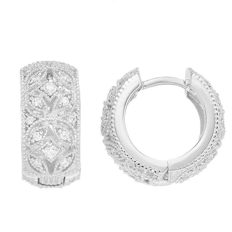 Sterling Silver Cubic Zirconia Huggie Hoop Earrings, Womens, White Product Image