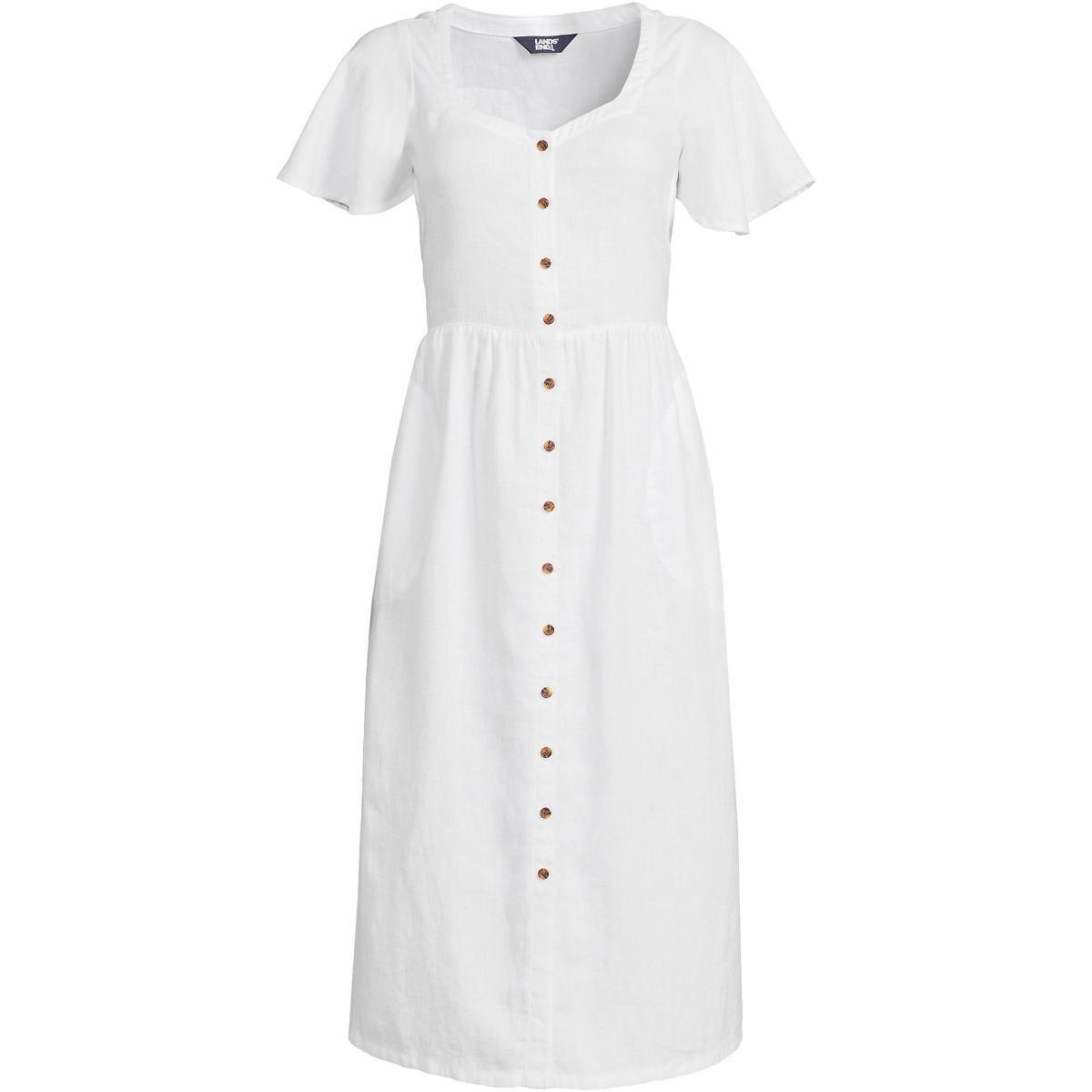 Petite Lands End Linen Sweetheart Button Front Midi Dress, Womens Product Image