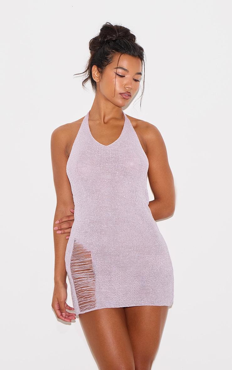 Lilac Glitter Knit Distressed Ladder Halterneck Mini Dress Product Image