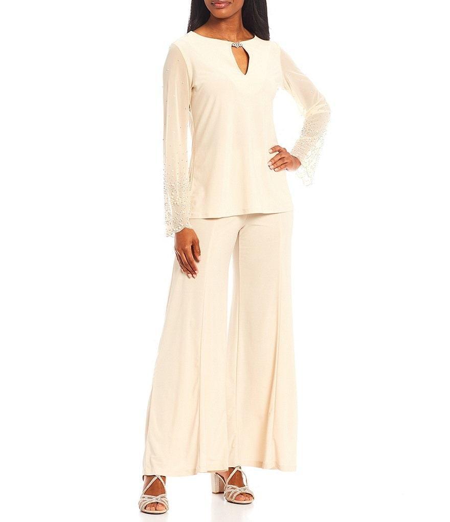 Marina Keyhole Rhinestone Neck Beaded Bell Long Sleeve Matte Jersey 2-Piece Pant Set Product Image