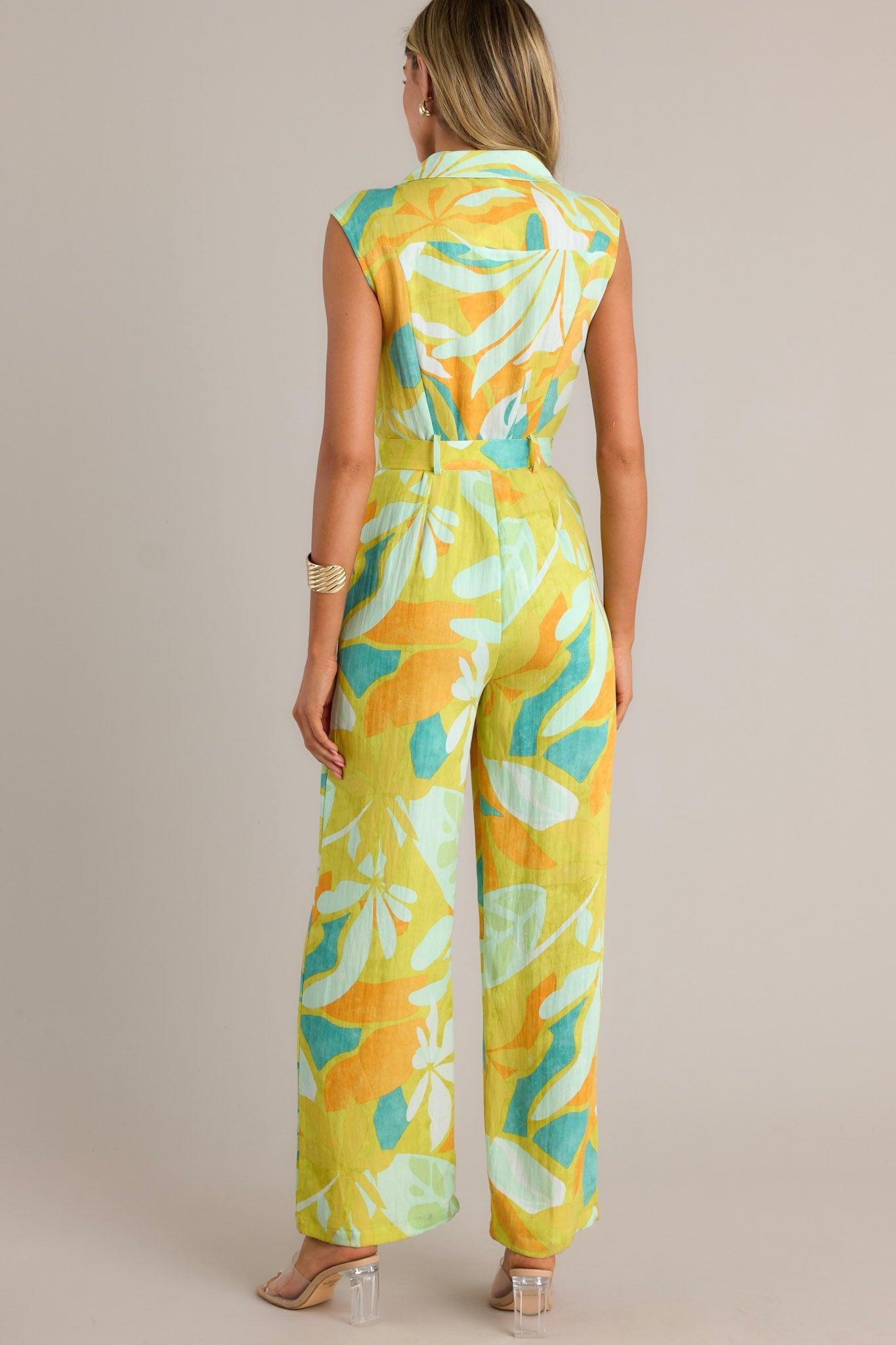 Sunset Glow Lime Green Tropical Print Belted Jumpsuit Product Image