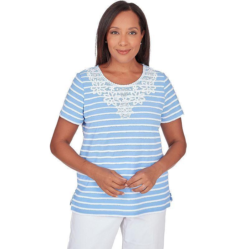 Petite Alfred Dunner Lace Neck Striped Split Hem Tee, Womens Product Image