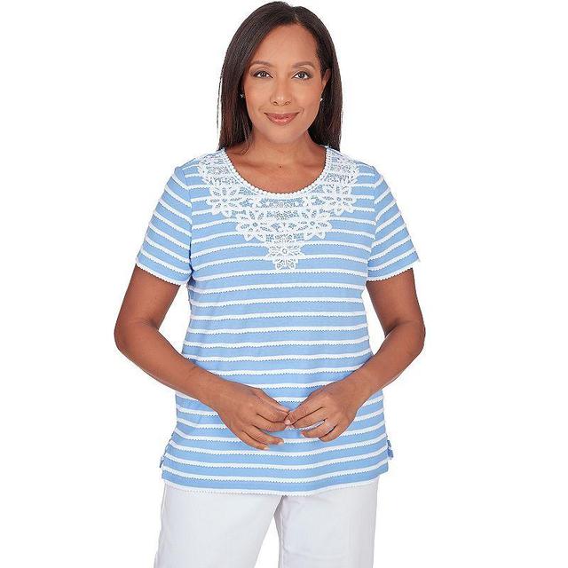 Petite Alfred Dunner Lace Neck Striped Split Hem Tee, Womens White Product Image