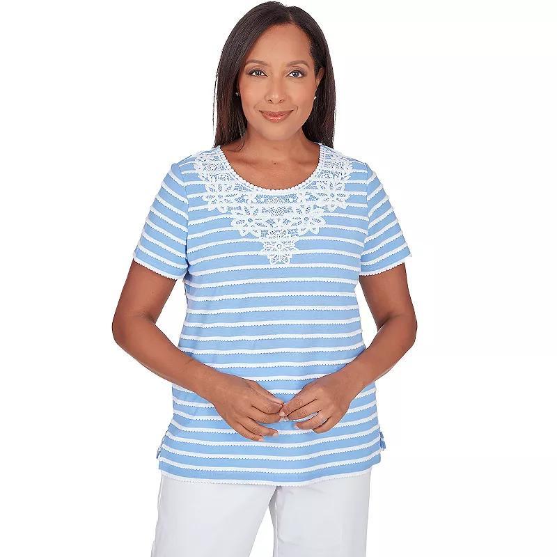 Womens Alfred Dunner Lace Neck Striped Split Hem Tee Blue product image