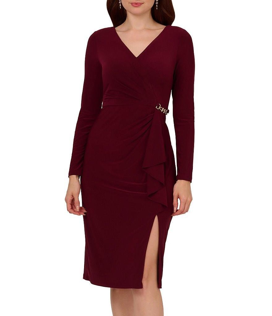 Adrianna Papell Matte Jersey Sheath Surplice Neckline Long Sleeve Side Buckle Detail Midi Dress Product Image