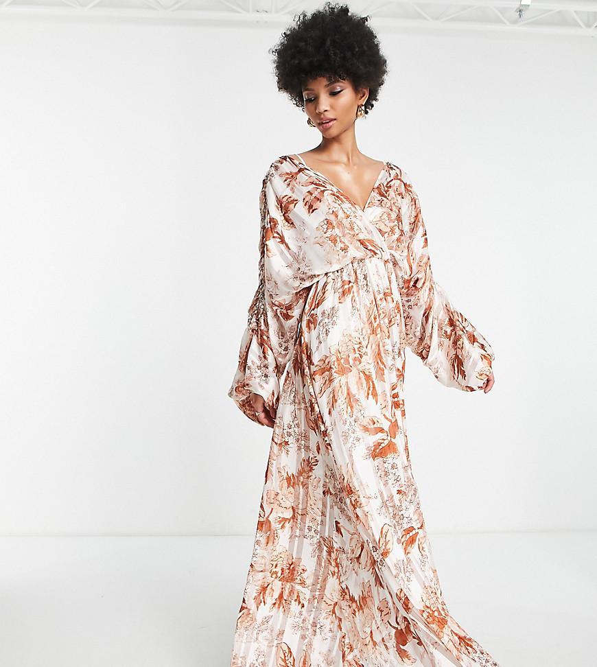 ASOS DESIGN Tall satin stripe blouson maxi dress with ring detail in floral print  product image