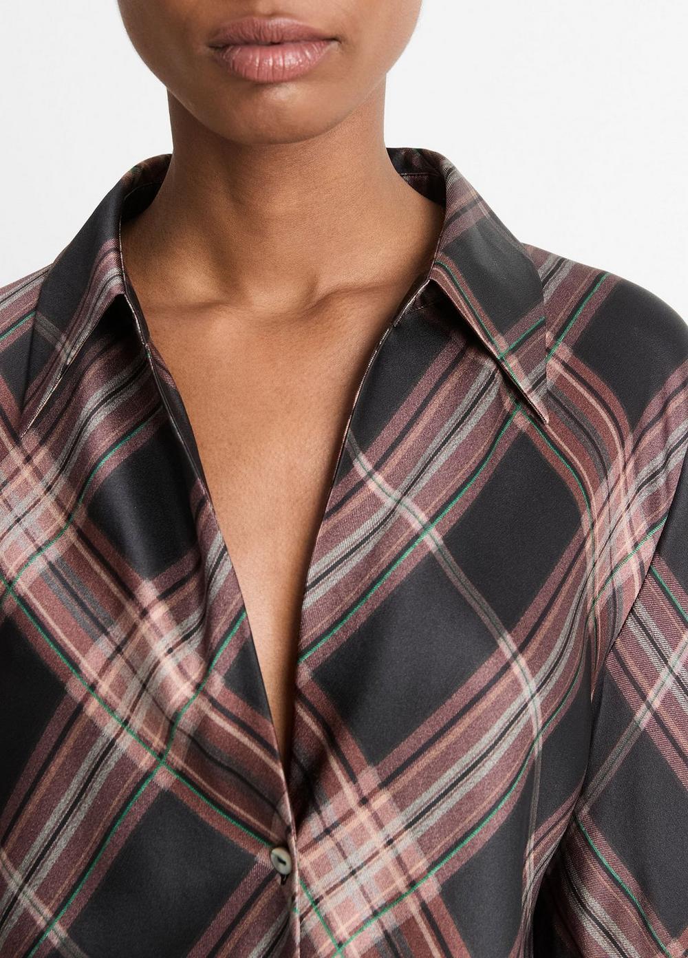 Silk Plaid Bias Long-Sleeve Blouse Product Image