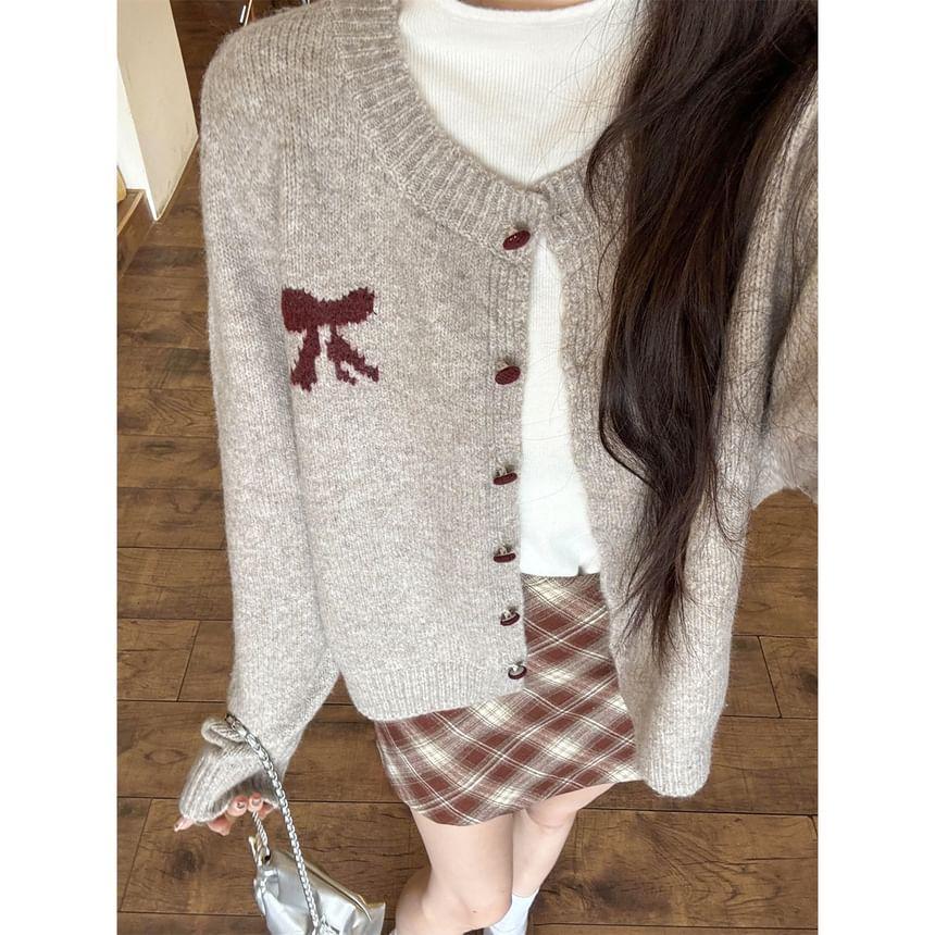 Crew Neck Bow Print Button-Up Cardigan Product Image