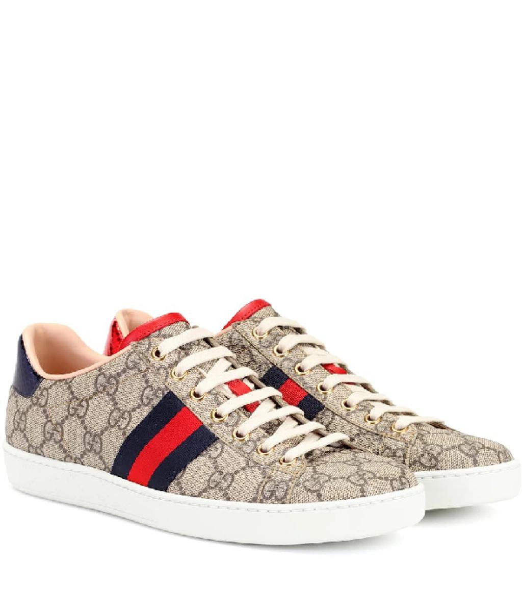 Ace Gg Supreme Metallic Watersnake-trimmed Logo-print Coated-canvas Sneakers In Beige Product Image