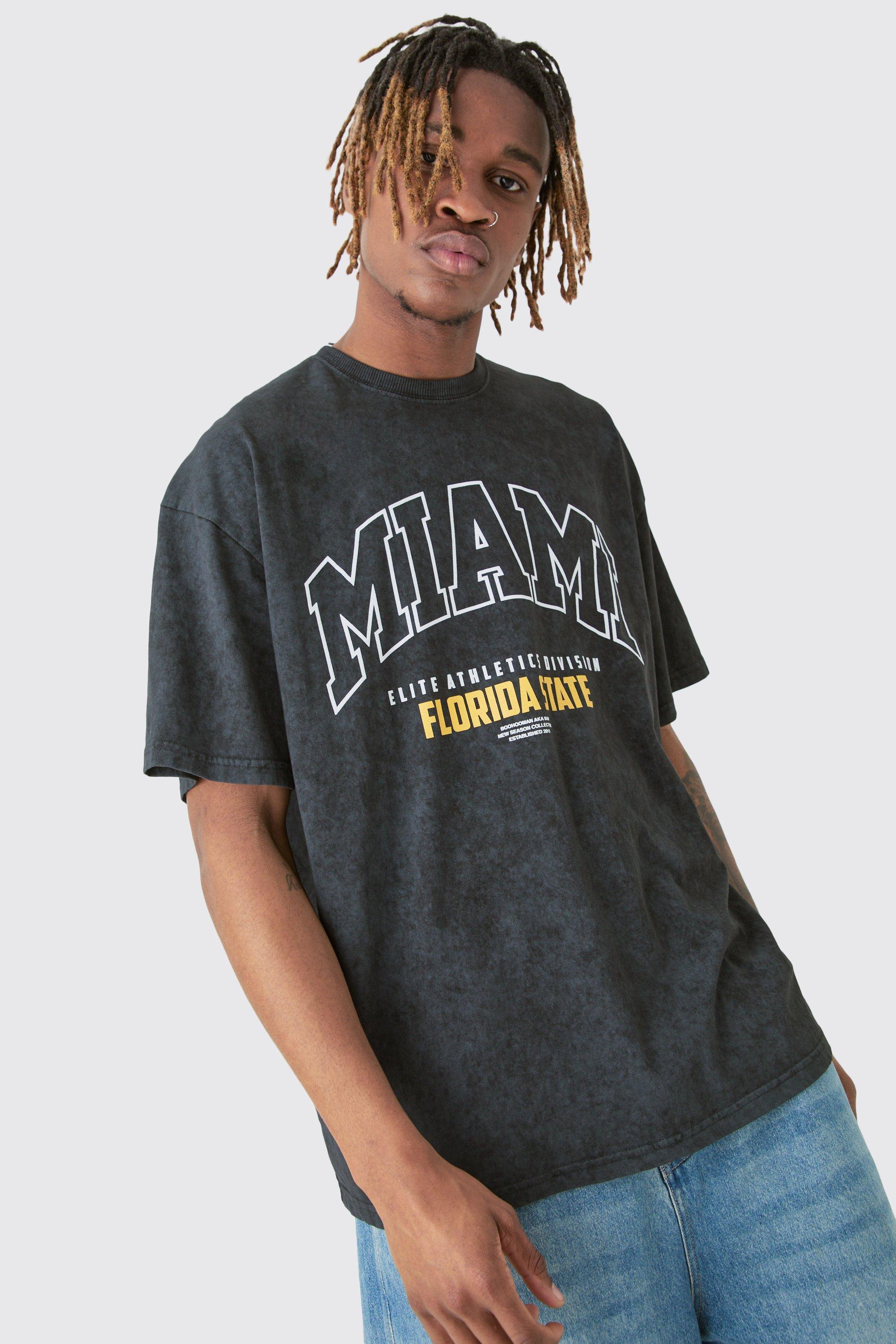 Mens Grey Tall Acid Wash Miami T-shirt, Grey Product Image