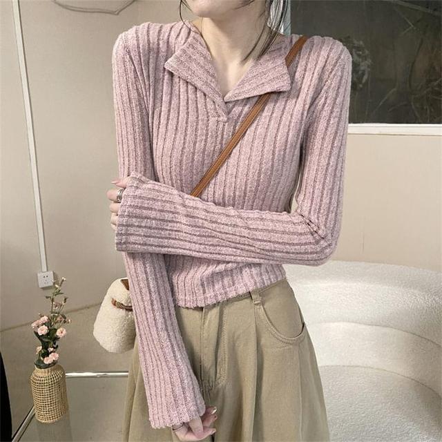 Long-Sleeve Collar Plain Ribbed Knit Top Product Image