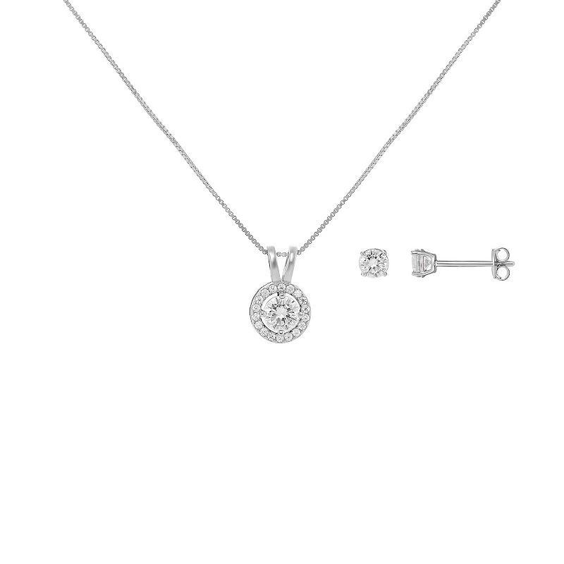 PRIMROSE Sterling Silver Cubic Zirconia Stud Earrings & Round Pendant Necklace Set, Womens Sterling Silver White Product Image