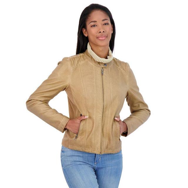 Womens Sebby Collection Faux-Leather Racing Jacket Brown Product Image