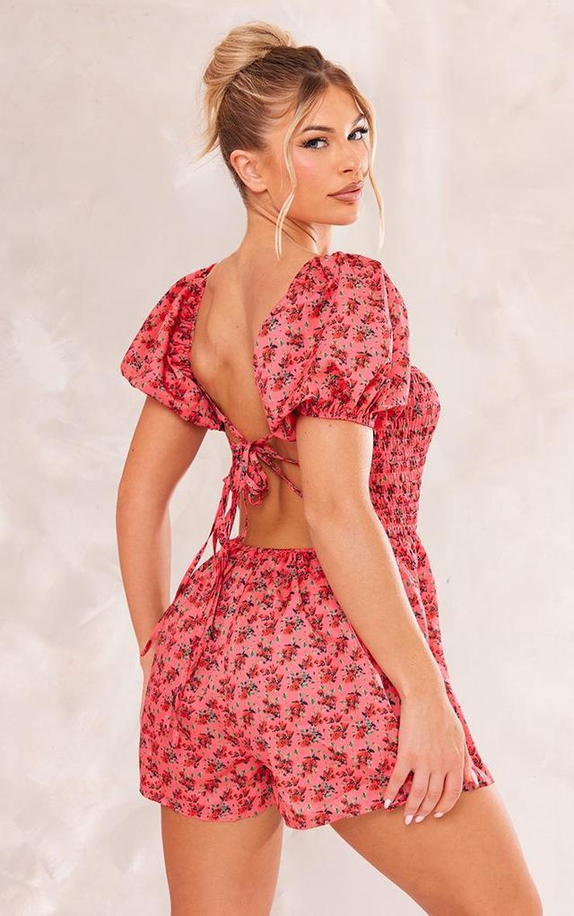 Pink Floral Print Puff Sleeve Shirred Tie Back Romper Product Image