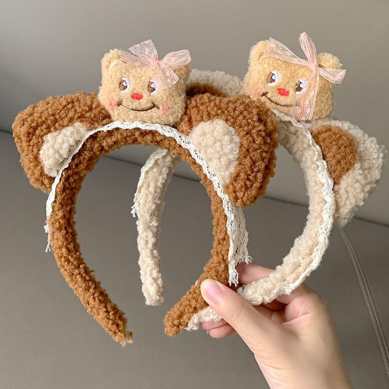 Color Block Bear Furry Lace Trim Headband Product Image