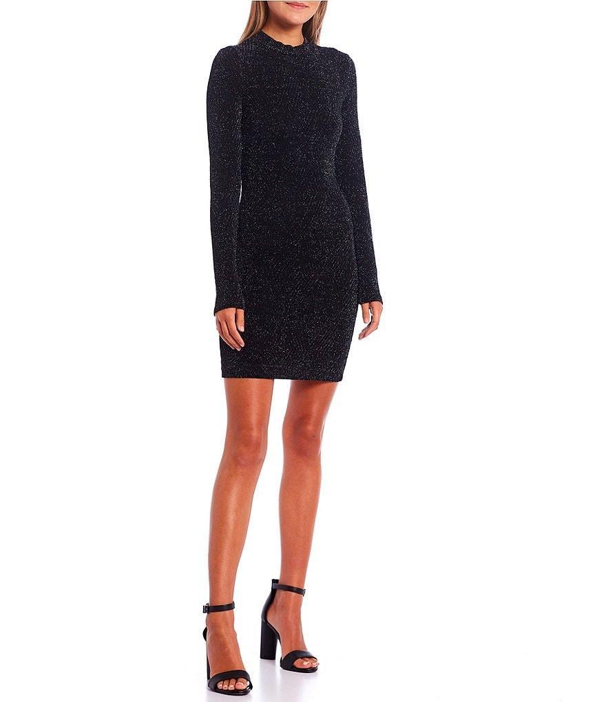 Xtraordinary Long Sleeve Mock Neck Metallic Knit Pullover Dress Product Image