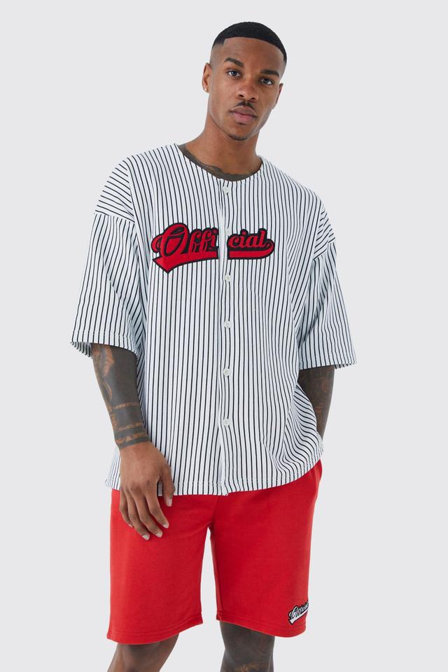 Mens Red Oversized Pinstripe Baseball Shirt & Short Set, Red Product Image