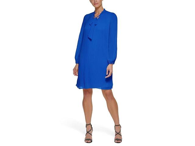 DKNY Long Sleeve Pleated Shift Dress with Neck Tie (Cosmic ) Women's Clothing Product Image